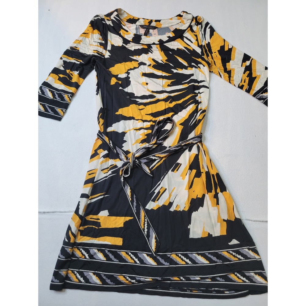 BCBGMAXAZRIA Abstract Print Belted Jersey Dress Yellow Black White Size S 1700